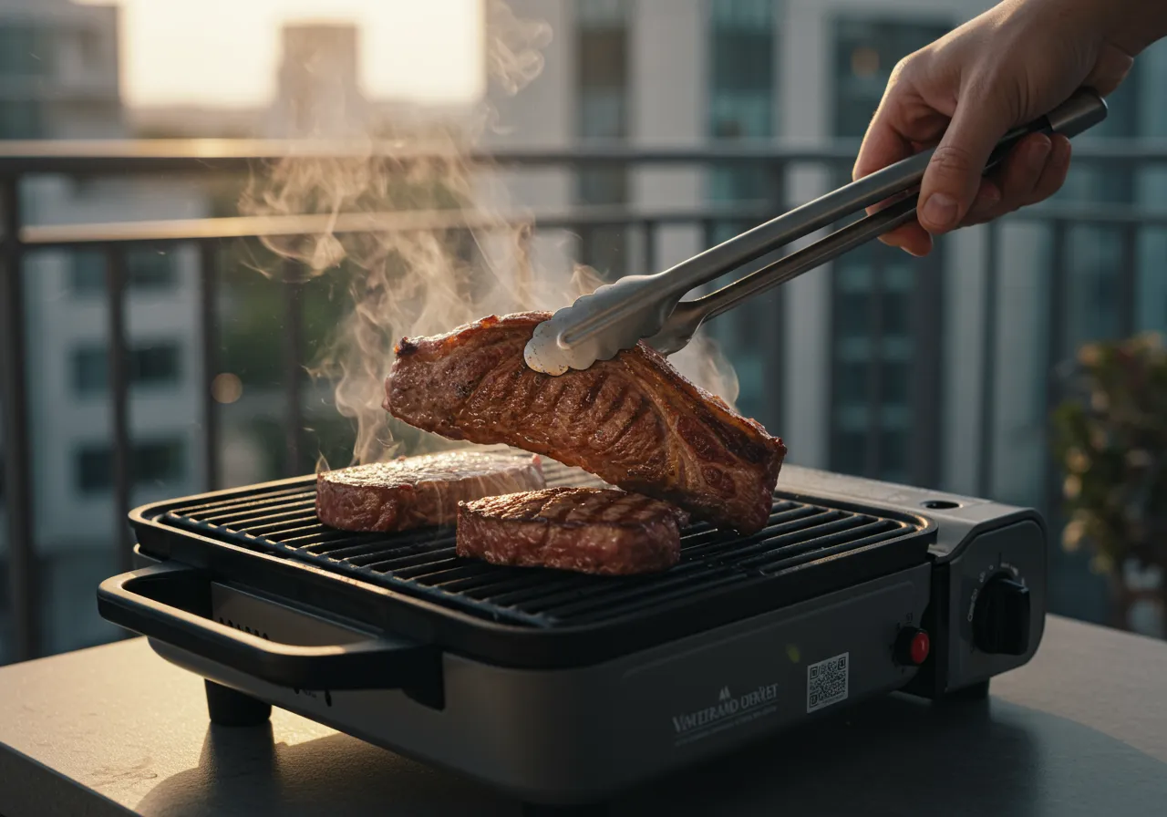 Homem preparando carne em uma churrasqueira portátil a gás na varanda.