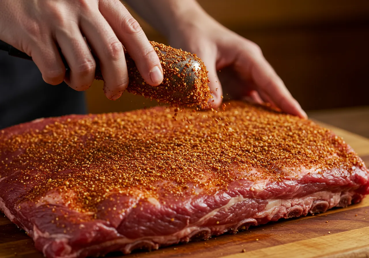 Homem aplicando tempero seco em uma peça de carne para defumação caseira churrasco