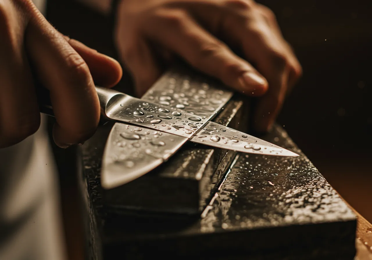 Coleção de faca para churrasco profissional em uma tábua de madeira.