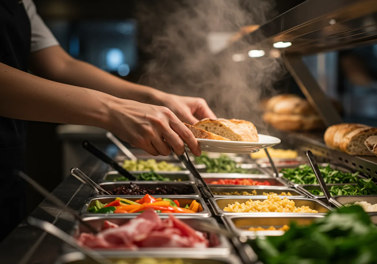 Cliente escolhendo ingredientes em um balcão, ilustrando a inovação em franquias de alimentação com a personalização.