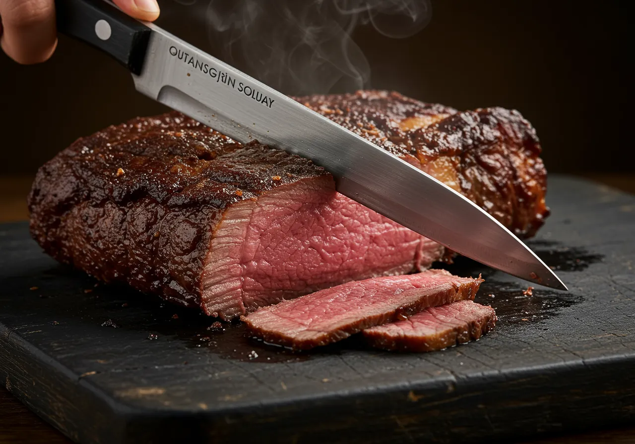 Pedaço suculento de picanha defumada receita sendo fatiado em uma tábua de madeira.