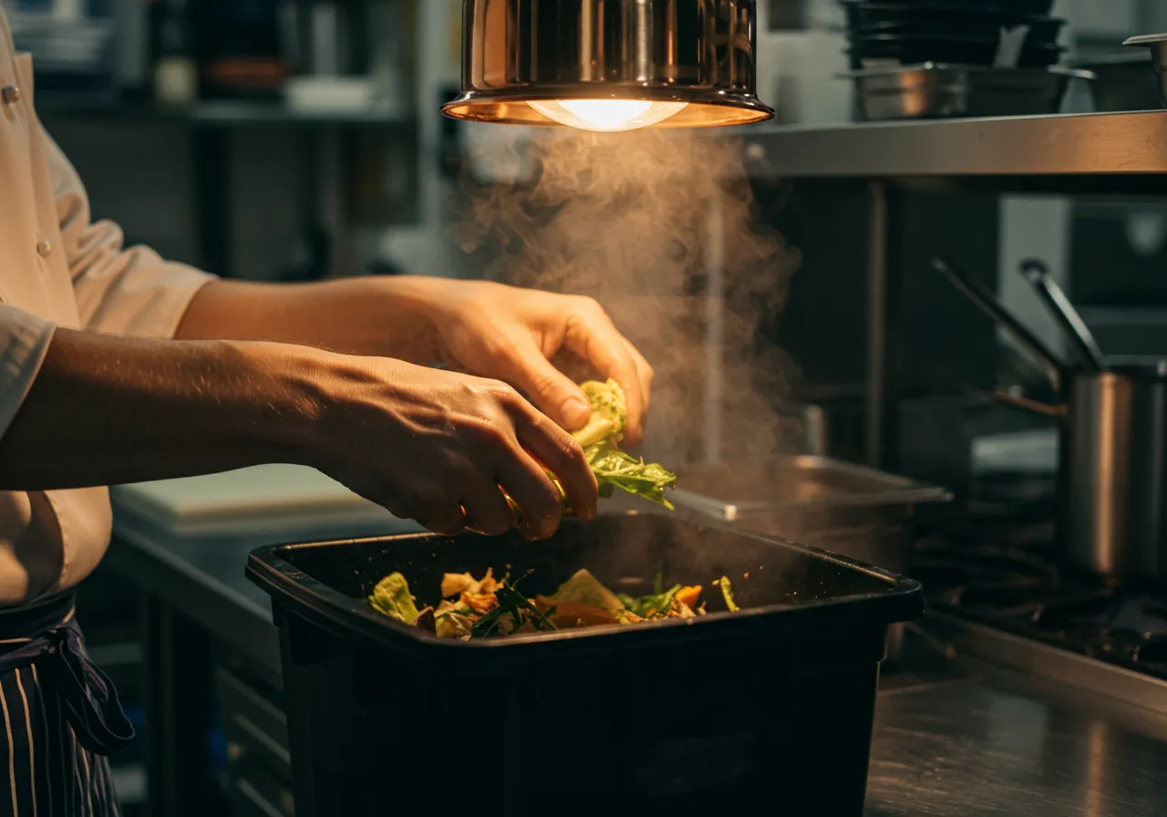 Equipe de cozinha implementando práticas sustentáveis em franquia de alimentação.