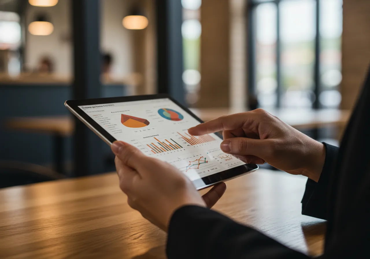 Gestor analisando gráficos para a valorização franquia alimentação em um tablet moderno