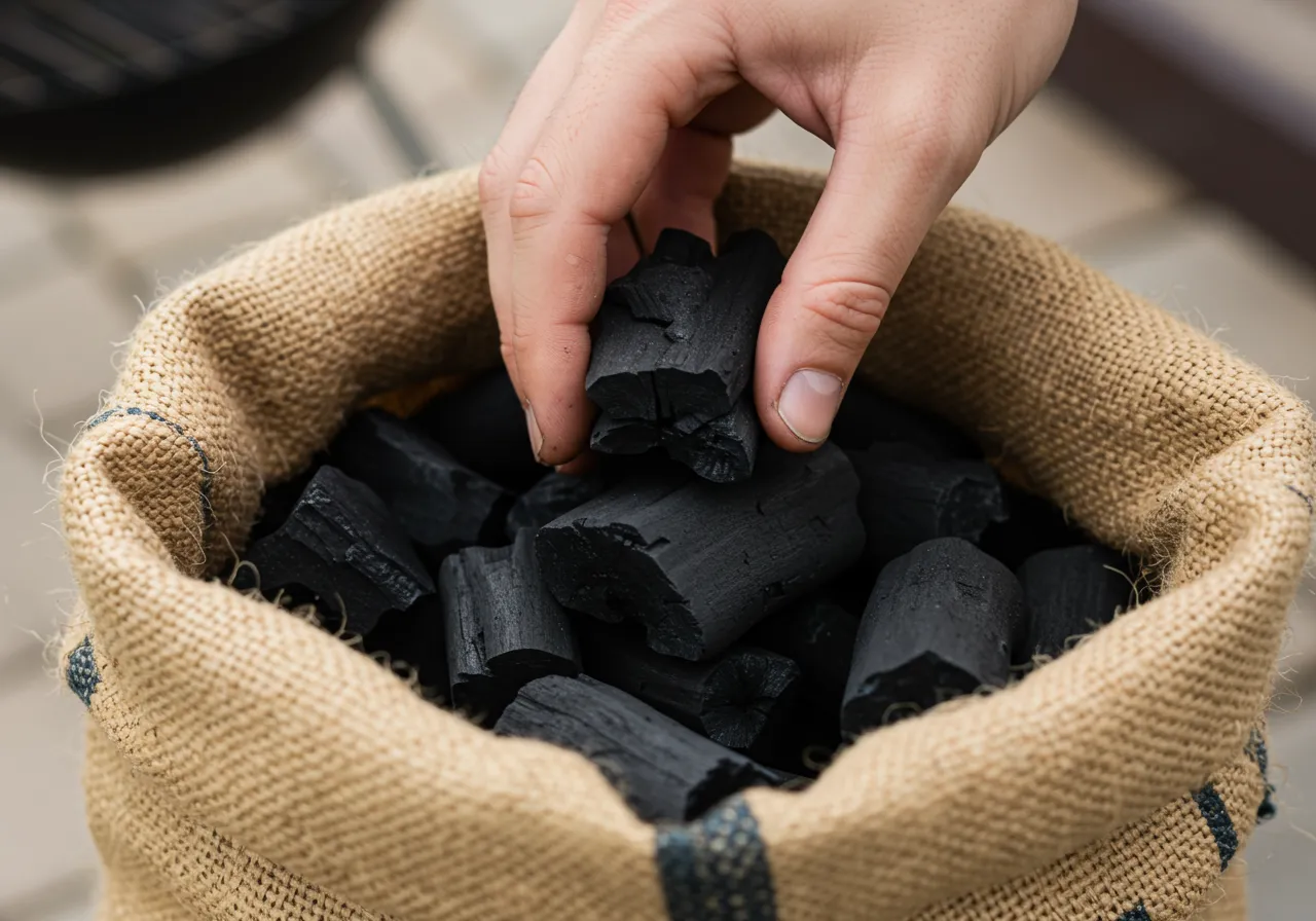 Sacos de carvão de qualidade empilhados, mostrando a escolha do melhor carvão para churrasco.
